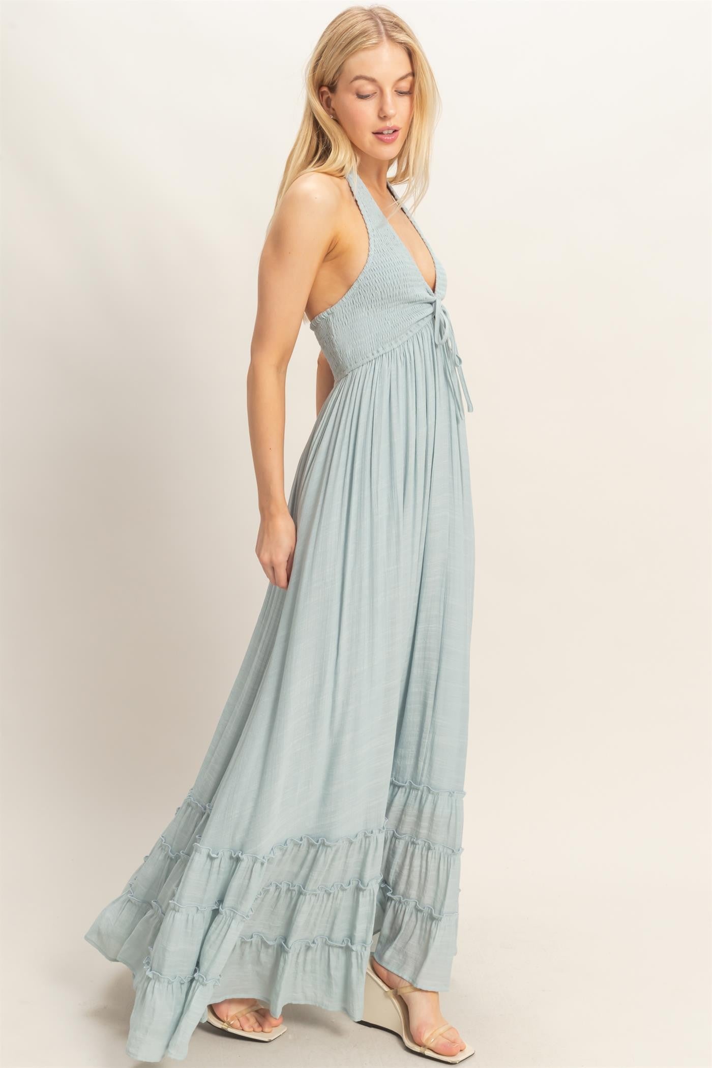 Light Blue Halter Neck Smocked Maxi Dress
