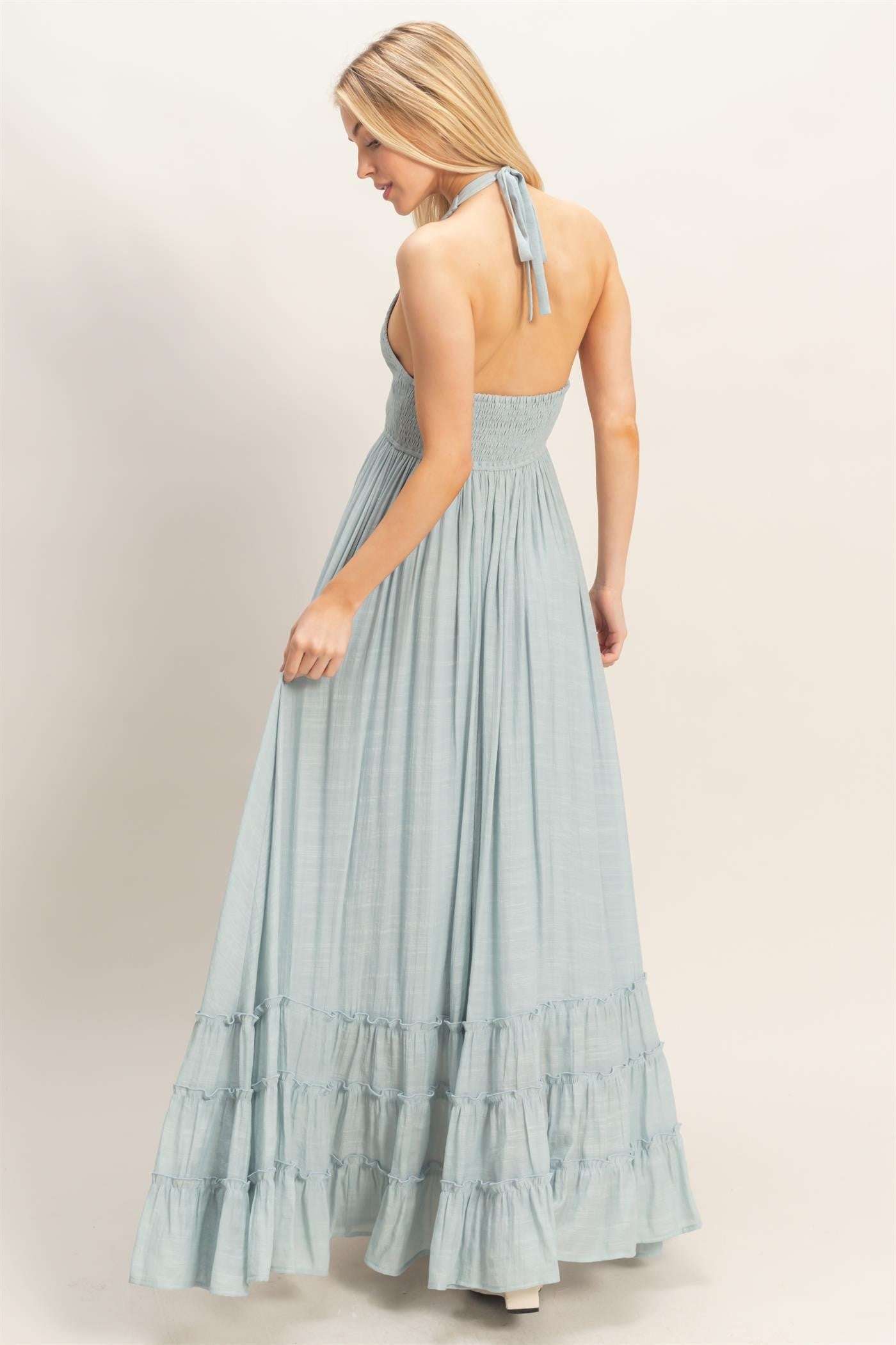 Light Blue Halter Neck Smocked Maxi Dress