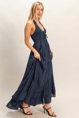 Navy Halter Neck Smocked Maxi Dress