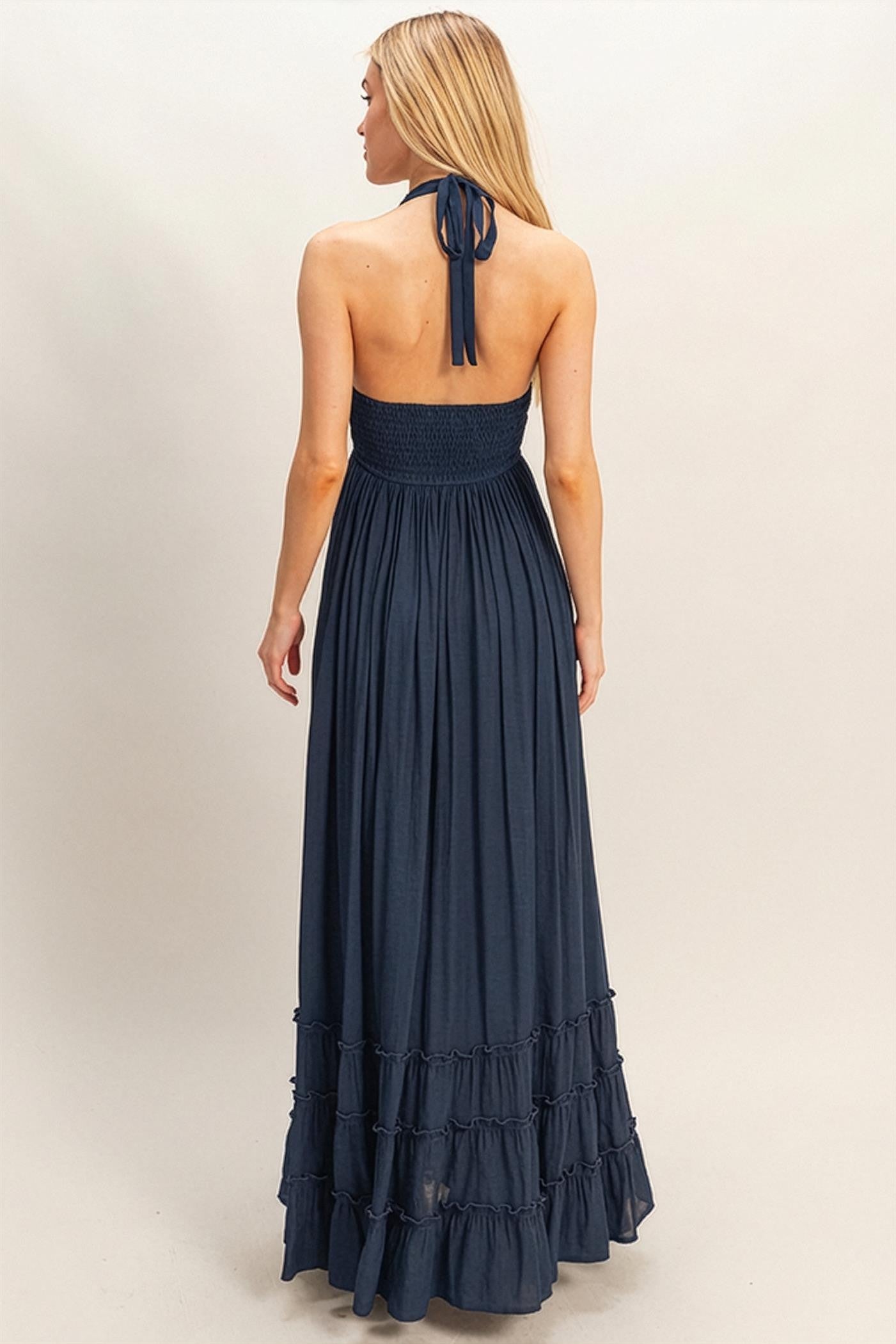 Navy Halter Neck Smocked Maxi Dress