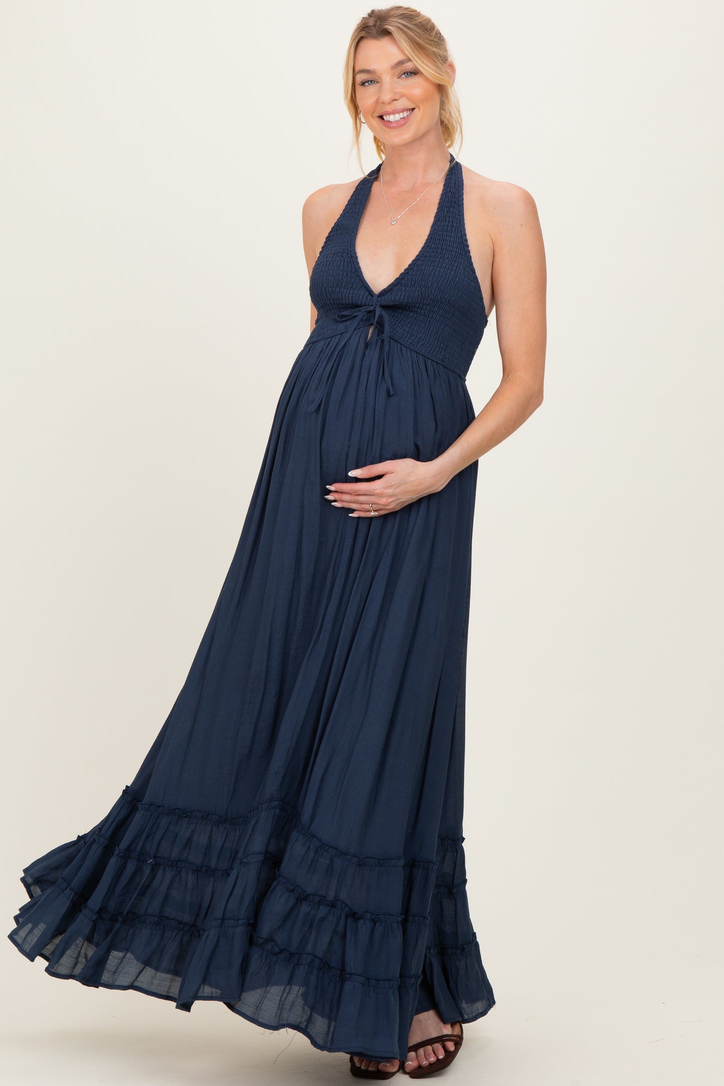 Navy Halter Neck Smocked Maternity Maxi Dress