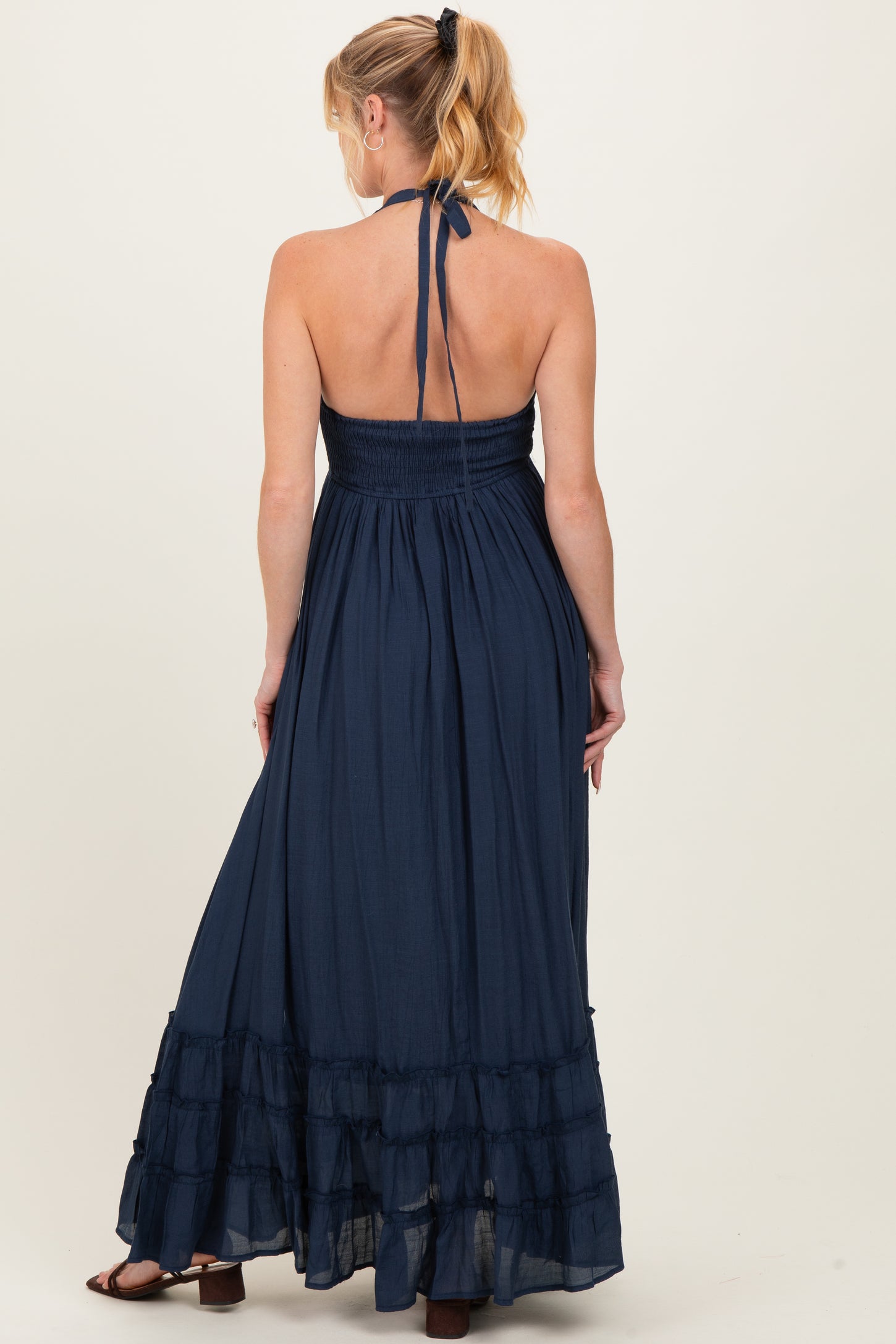 Navy Halter Neck Smocked Maternity Maxi Dress