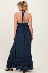 Navy Halter Neck Smocked Maternity Maxi Dress