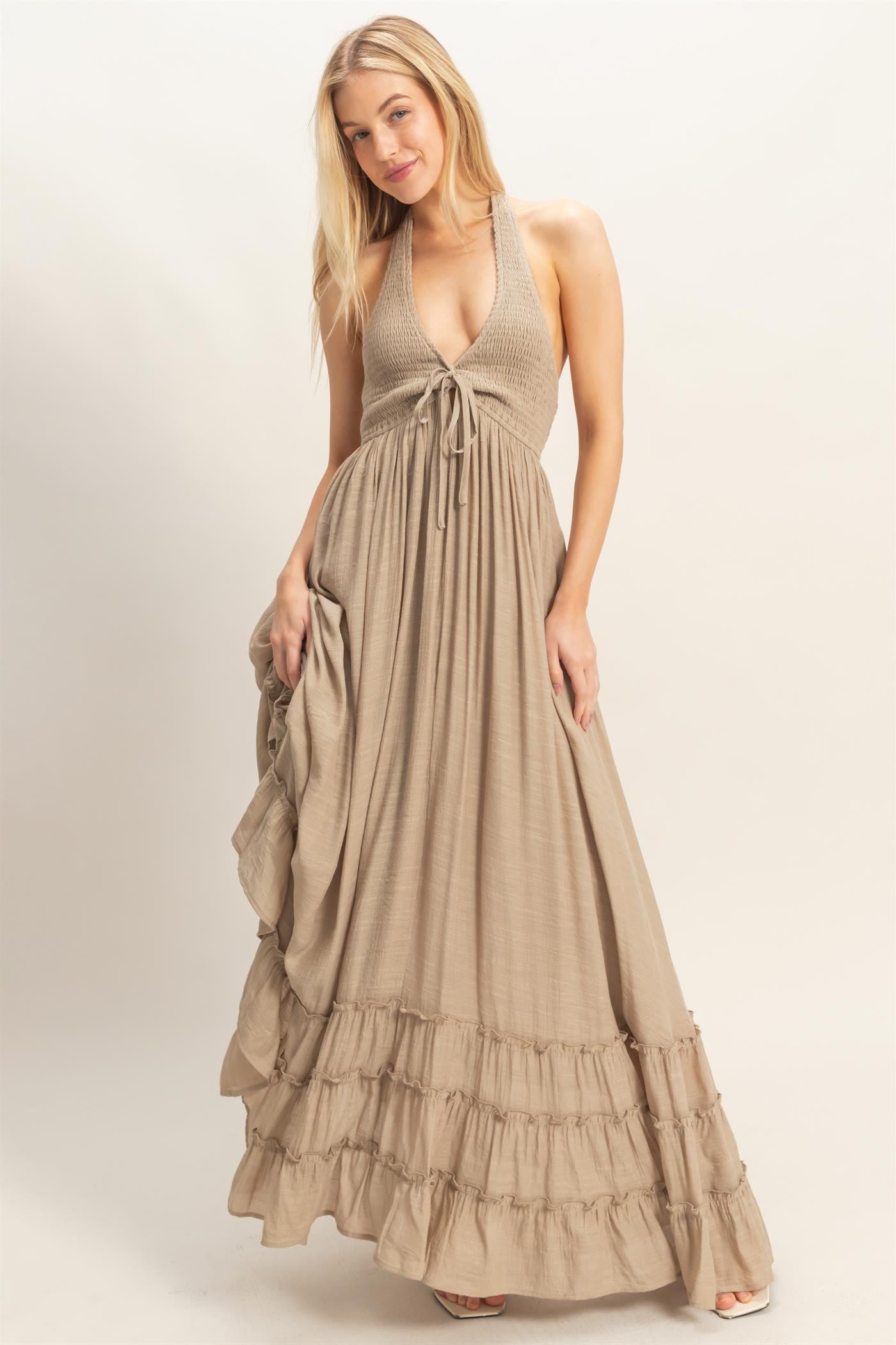 Taupe Halter Neck Smocked Maxi Dress