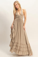 Taupe Halter Neck Smocked Maxi Dress