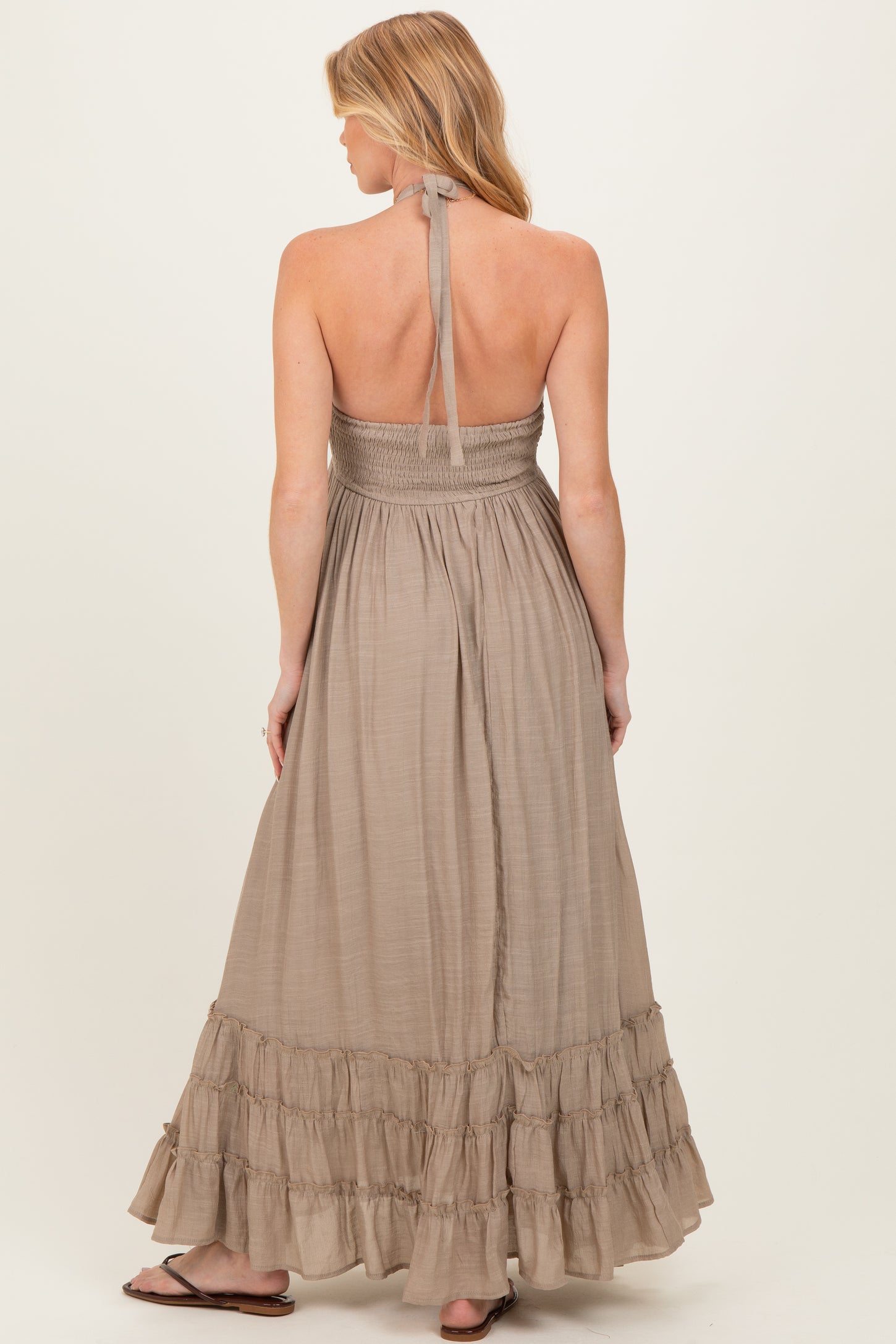 Taupe Halter Neck Smocked Maternity Maxi Dress
