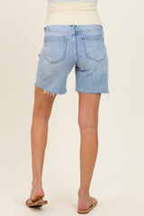 Light Blue Distressed Frayed Hem Midi Maternity Jean Shorts