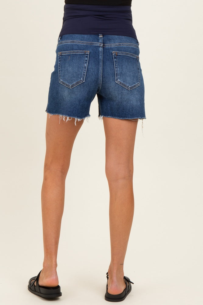 Navy Blue Cut Hem Maternity Jean Shorts