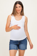 Navy Blue Cut Hem Maternity Jean Shorts