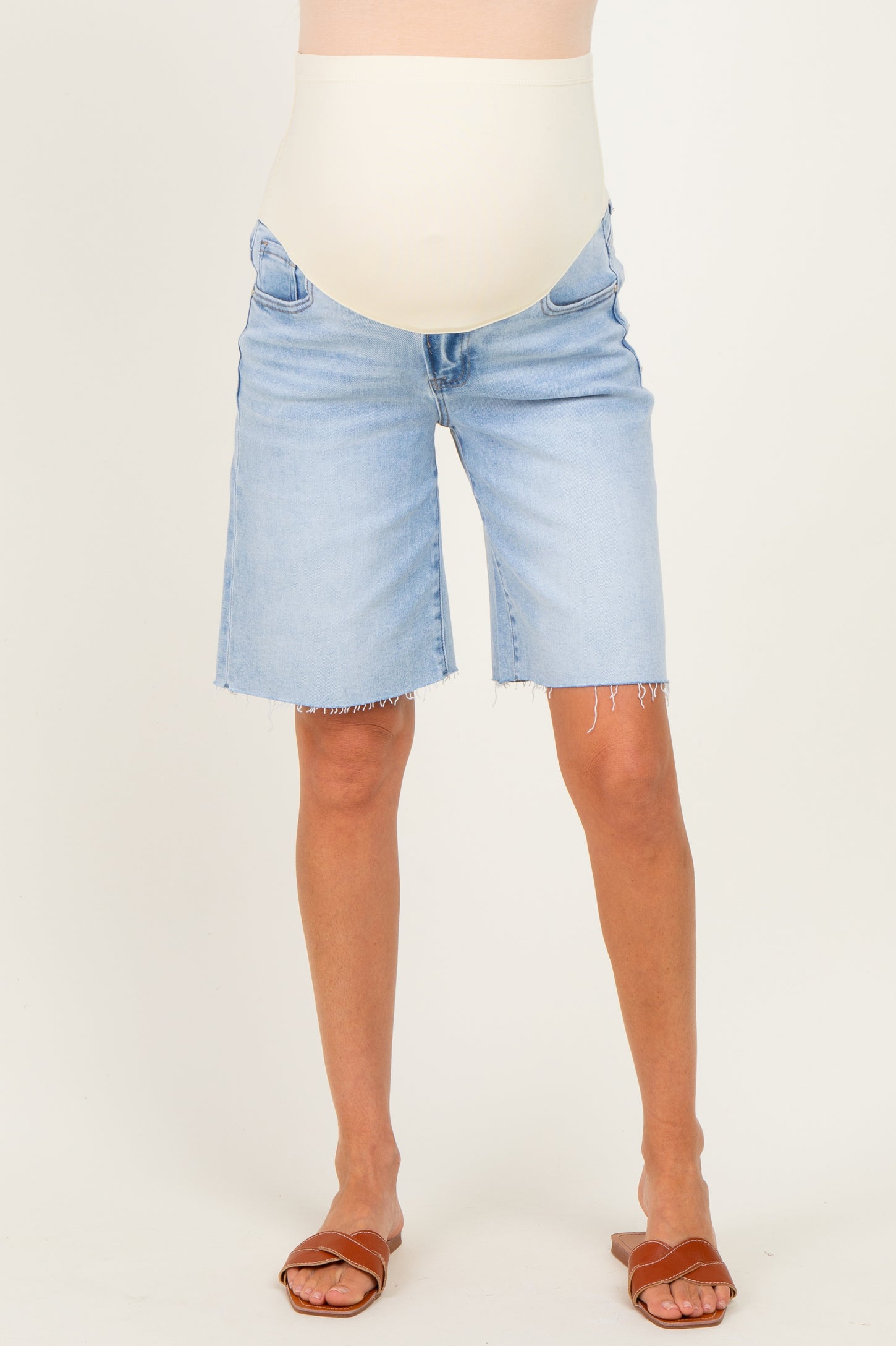 Light Blue Raw Hem Bermuda Maternity Jean Shorts