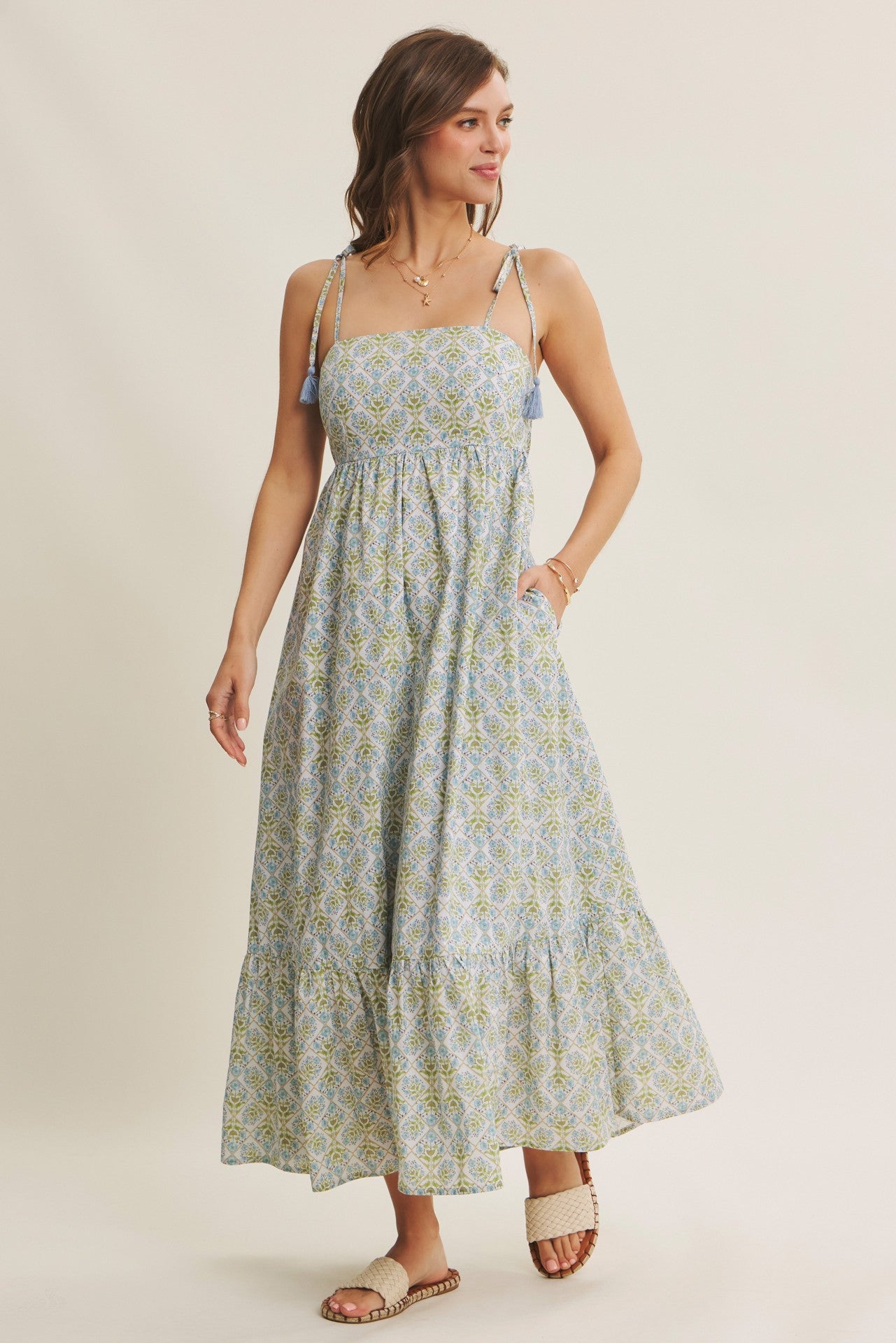 Blue Multi Garden Floral Open-Back With Bow Cotton Midi Dress