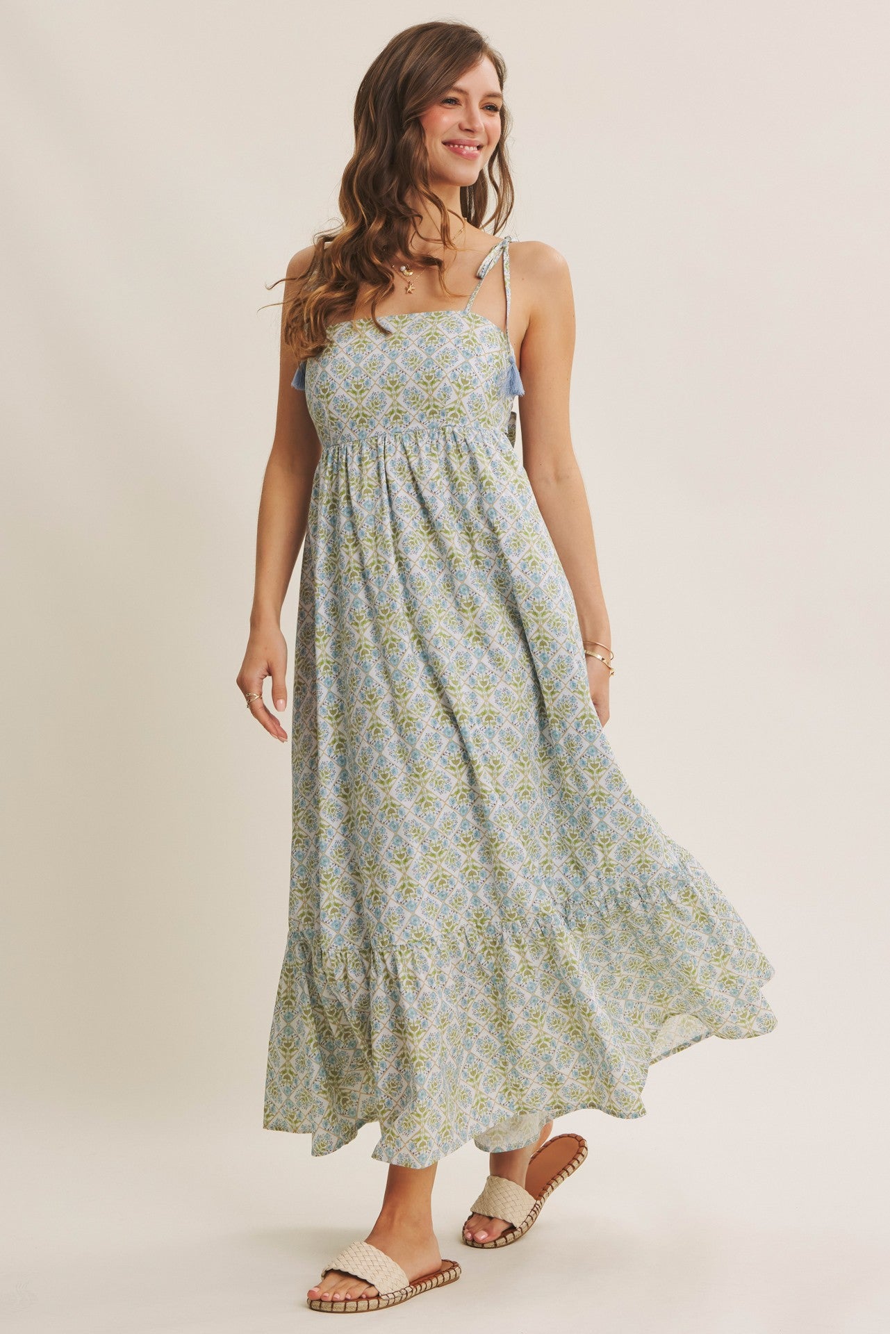 Blue Multi Garden Floral Open-Back With Bow Cotton Midi Dress