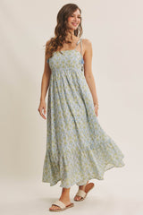 Blue Multi Garden Floral Open-Back With Bow Cotton Midi Dress
