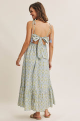 Blue Multi Garden Floral Open-Back With Bow Cotton Midi Dress