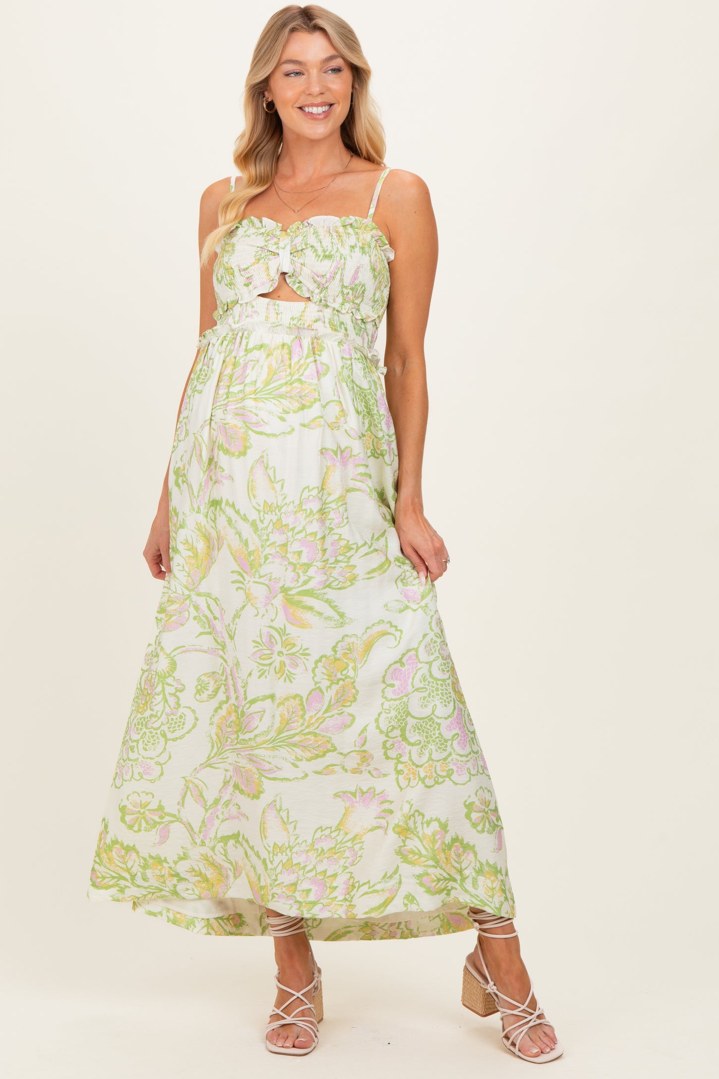 Green Cream Elegant Floral Maternity Maxi Dress