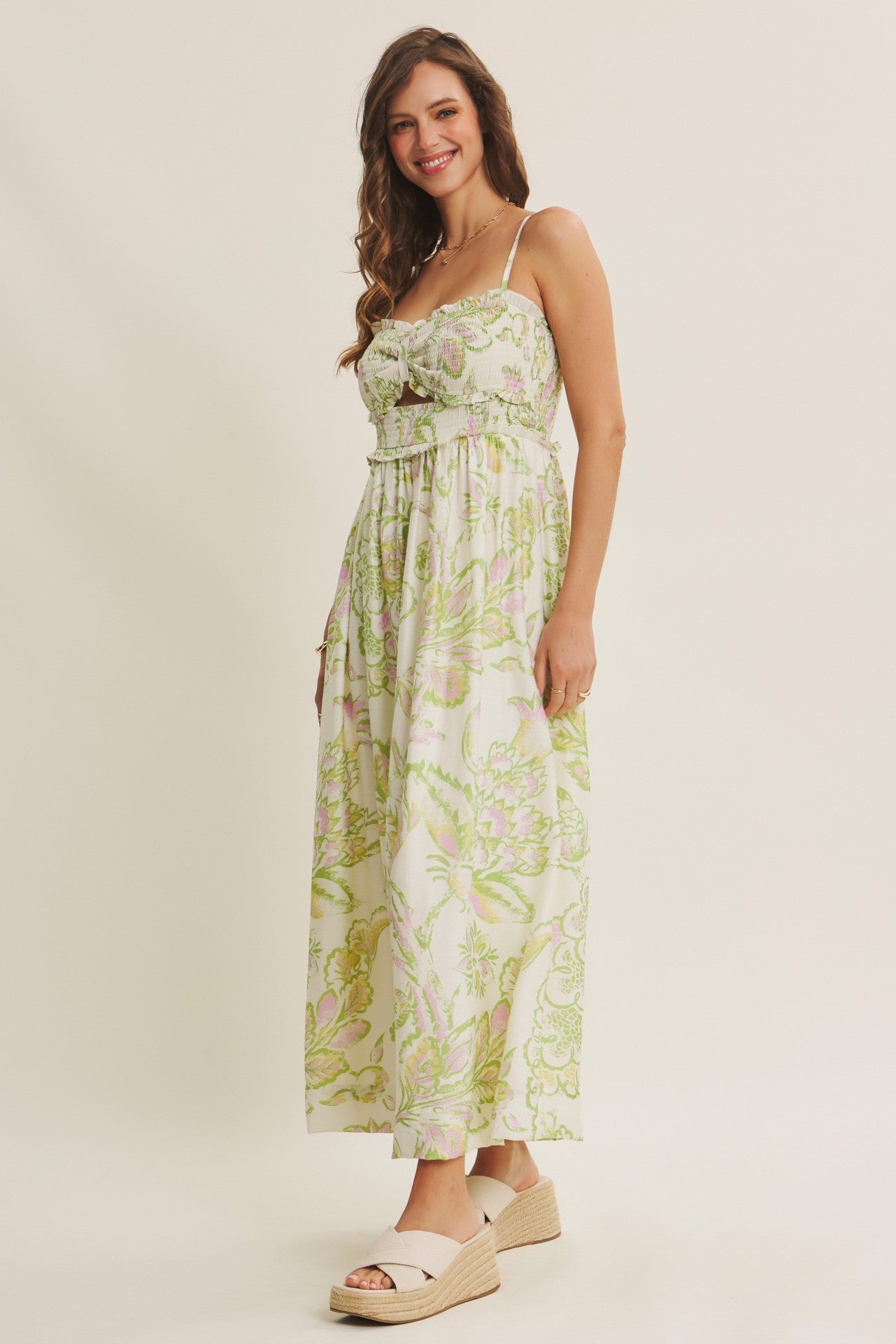 Green Cream Elegant Floral Maxi Dress