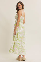 Green Cream Elegant Floral Maxi Dress