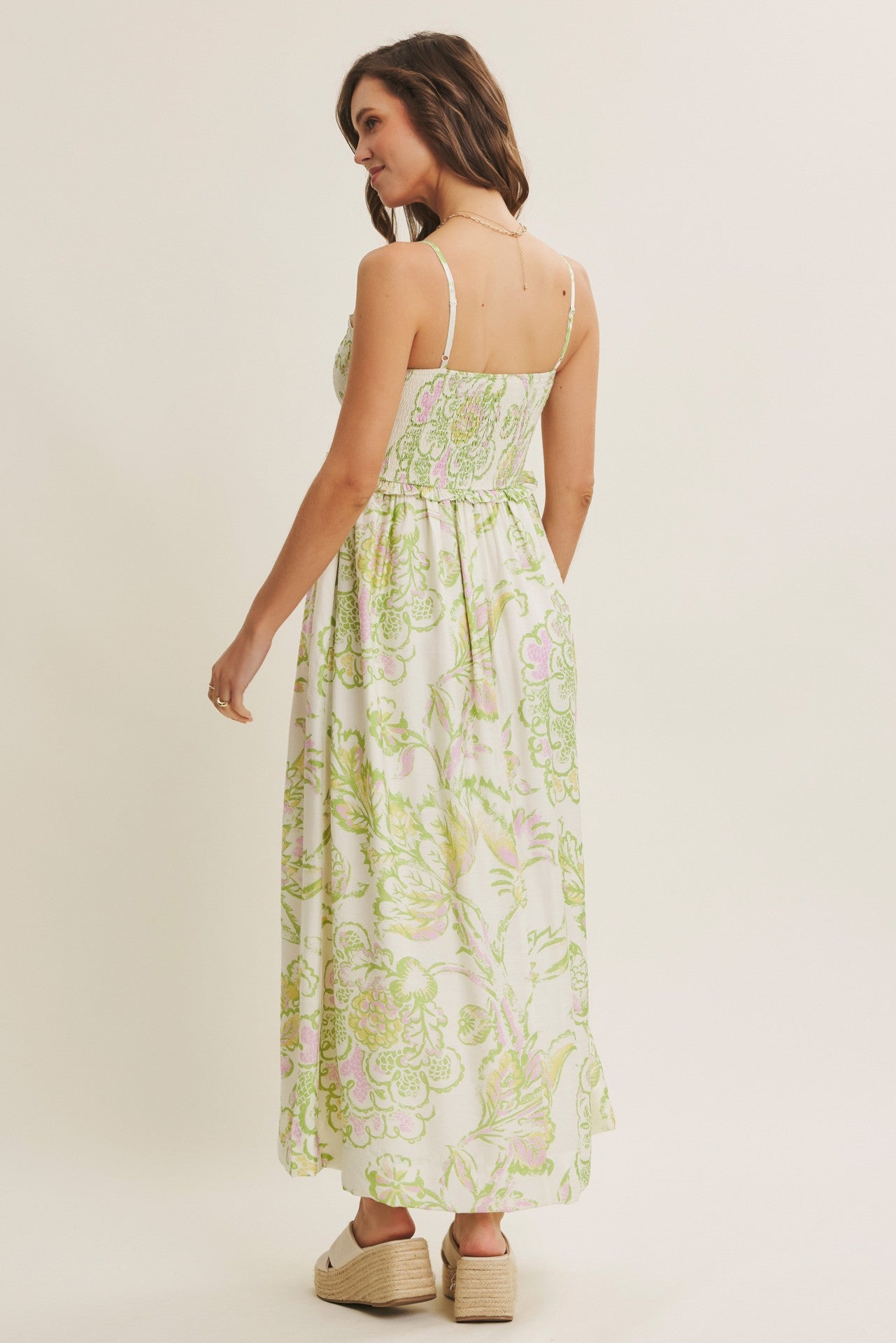 Green Cream Elegant Floral Maxi Dress
