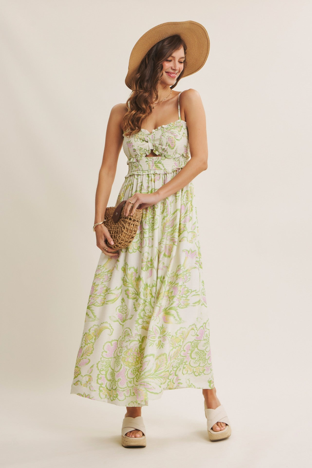 Green Cream Elegant Floral Maxi Dress