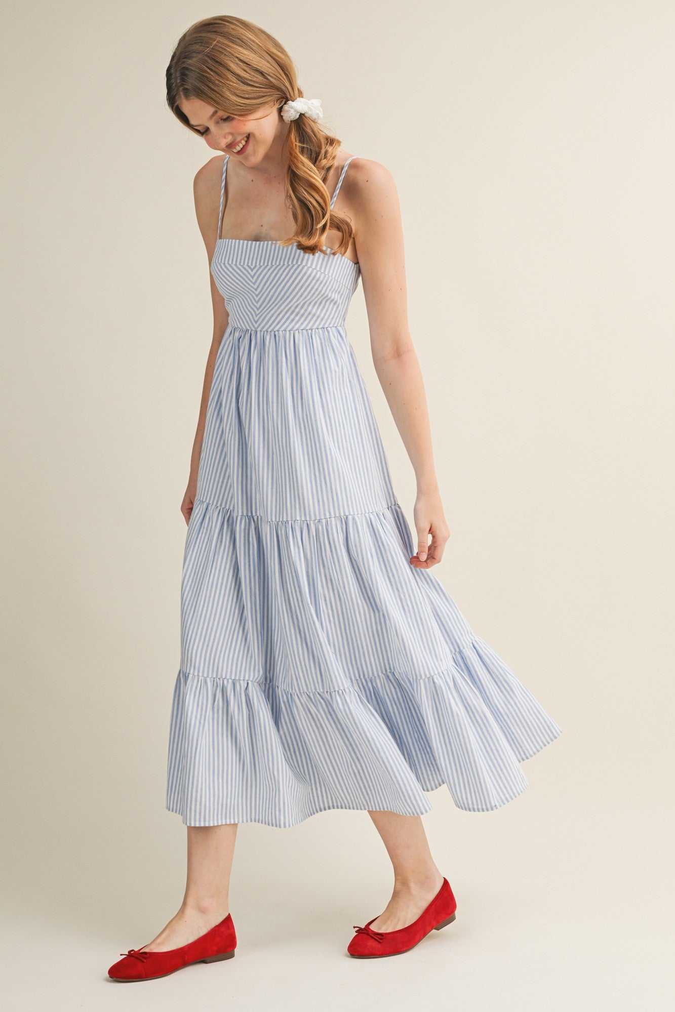 Light Blue Diagonal Stripe Front Tier Maternity Dress