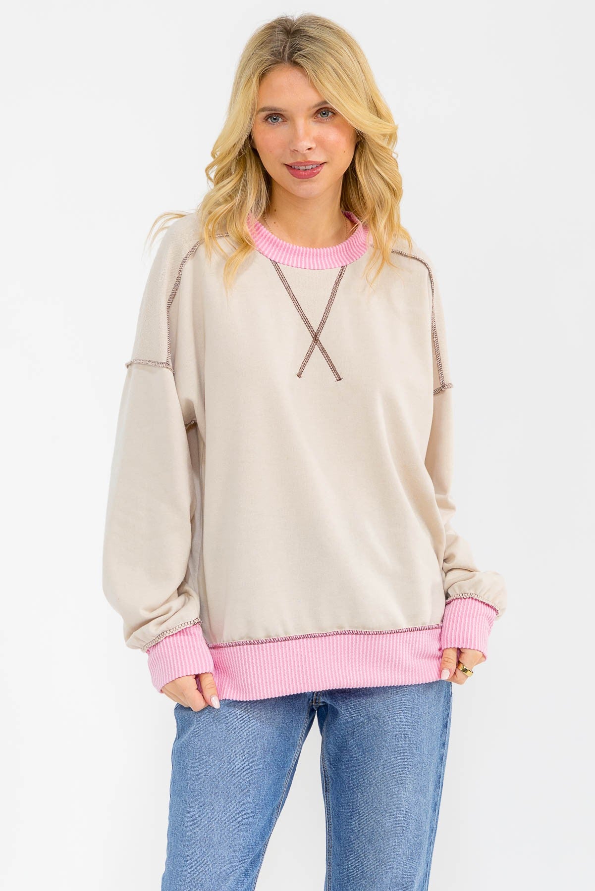 Cream Contrast Band Exposed Seam Maternity Pullover