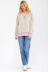 Cream Contrast Band Exposed Seam Pullover