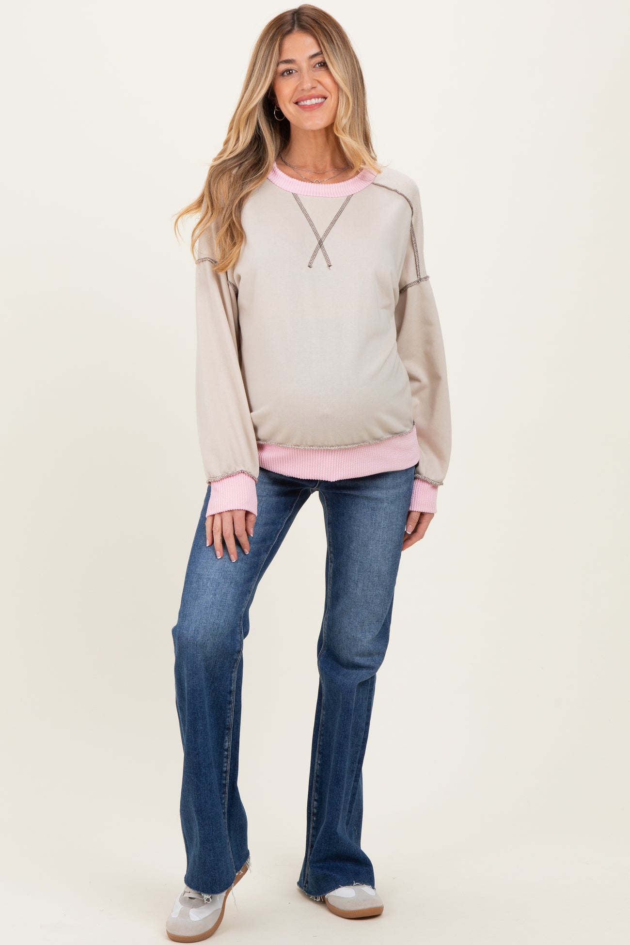 Cream Contrast Band Exposed Seam Maternity Pullover
