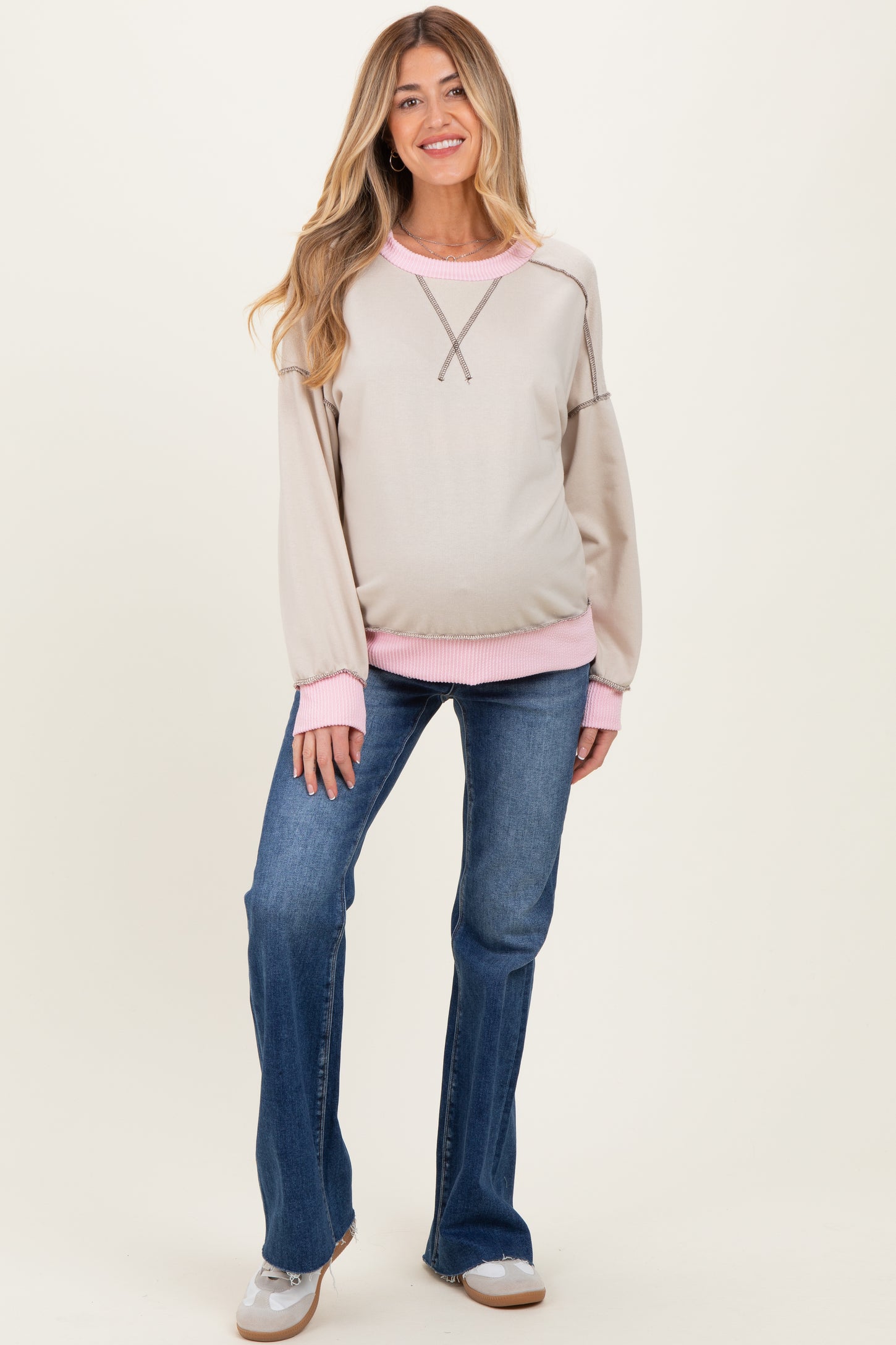 Cream Contrast Band Exposed Seam Maternity Pullover