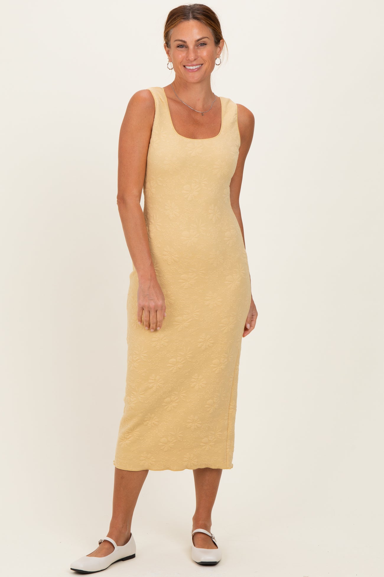 Yellow Sleek Floral Jacquard Bodycon Maternity Midi Dress