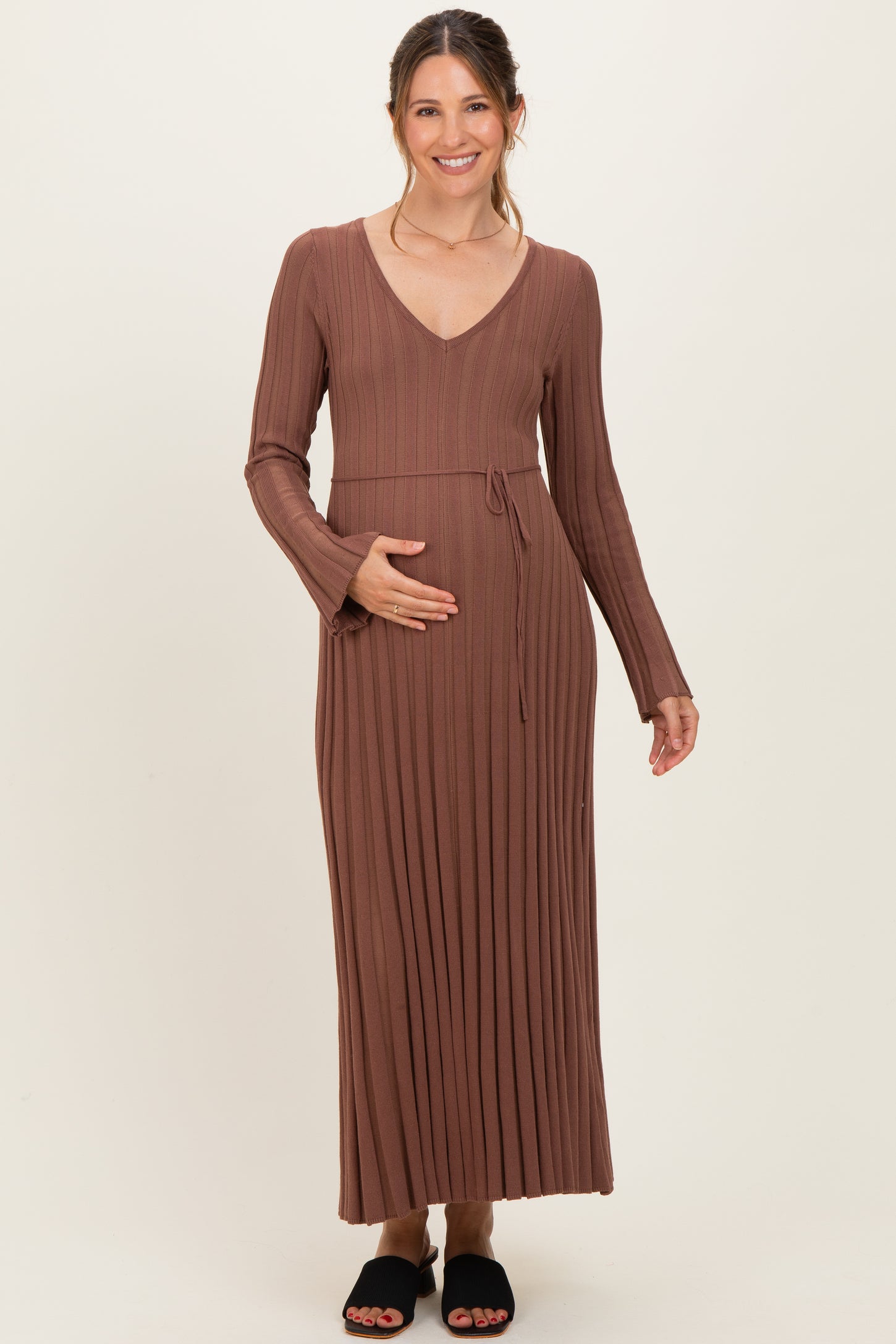 Brown Ribbed Maternity Knit Maxi Dress