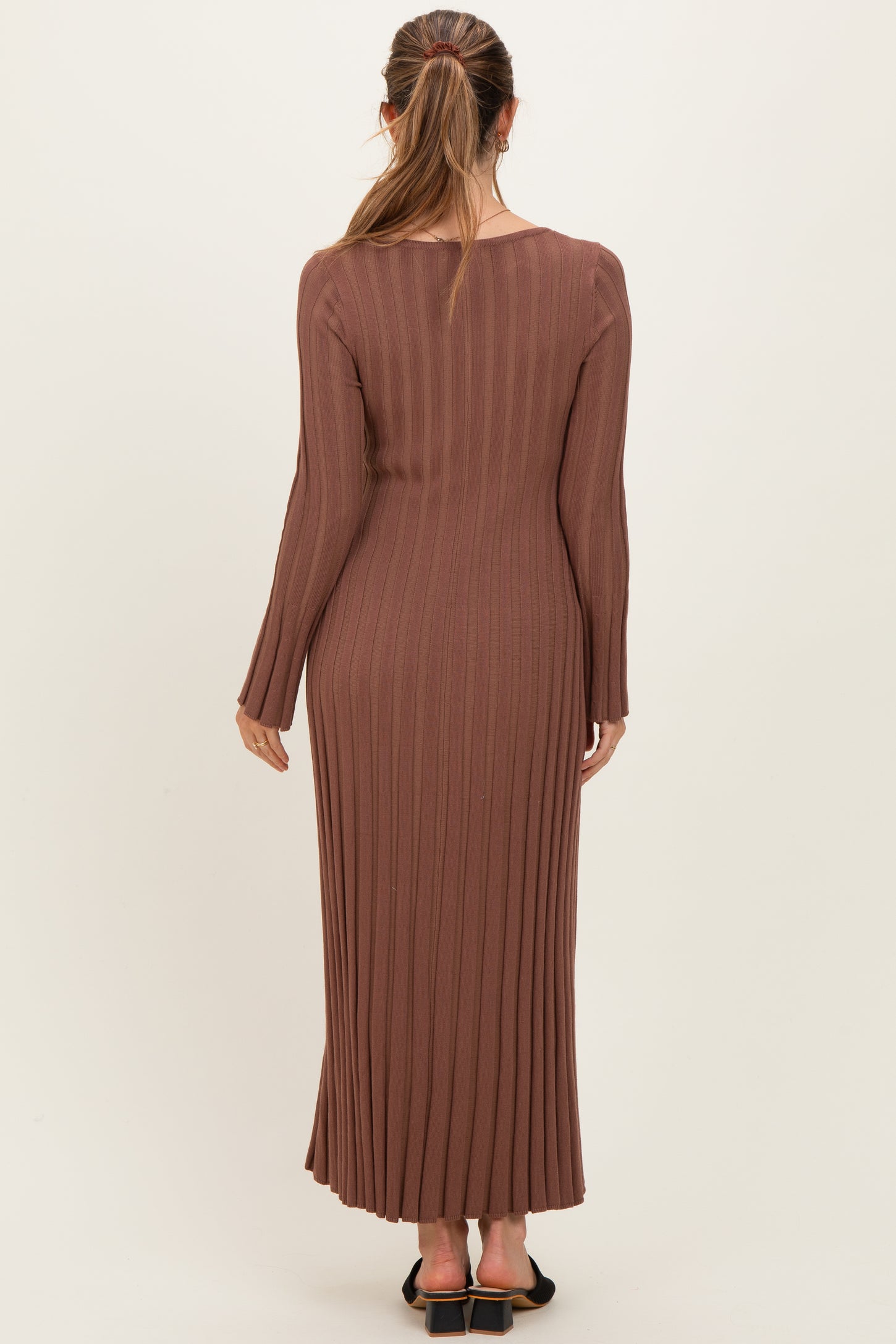 Brown Ribbed Maternity Knit Maxi Dress