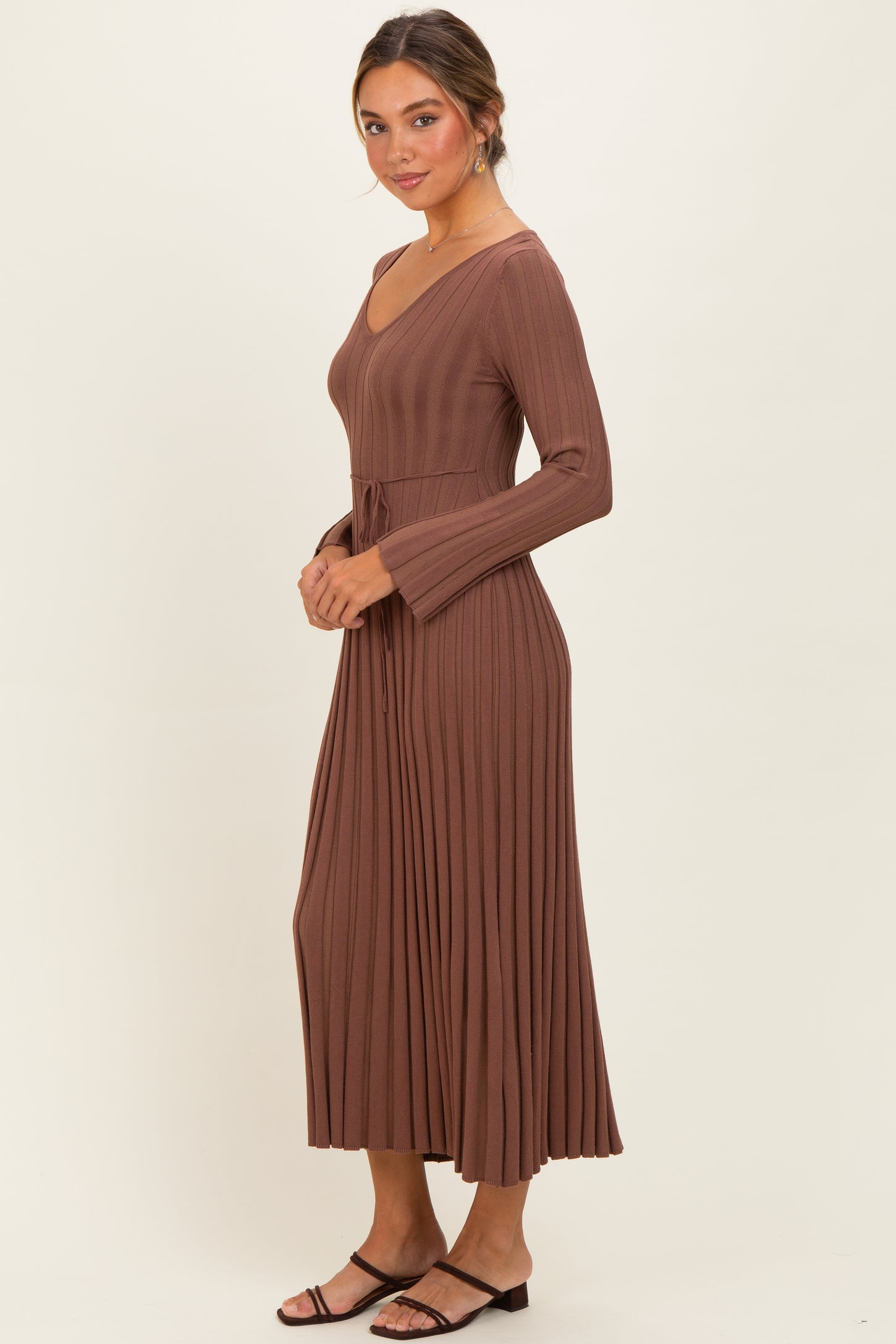 Brown Ribbed Knit Maxi Dress