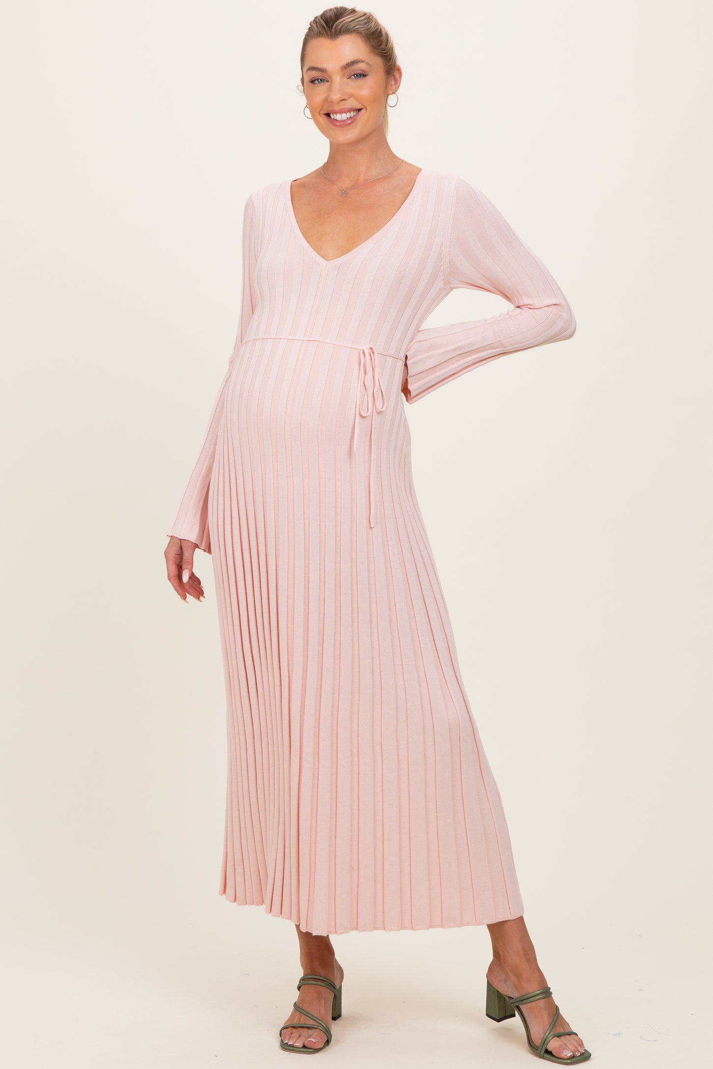 Light Pink Ribbed Maternity Knit Maxi Dress