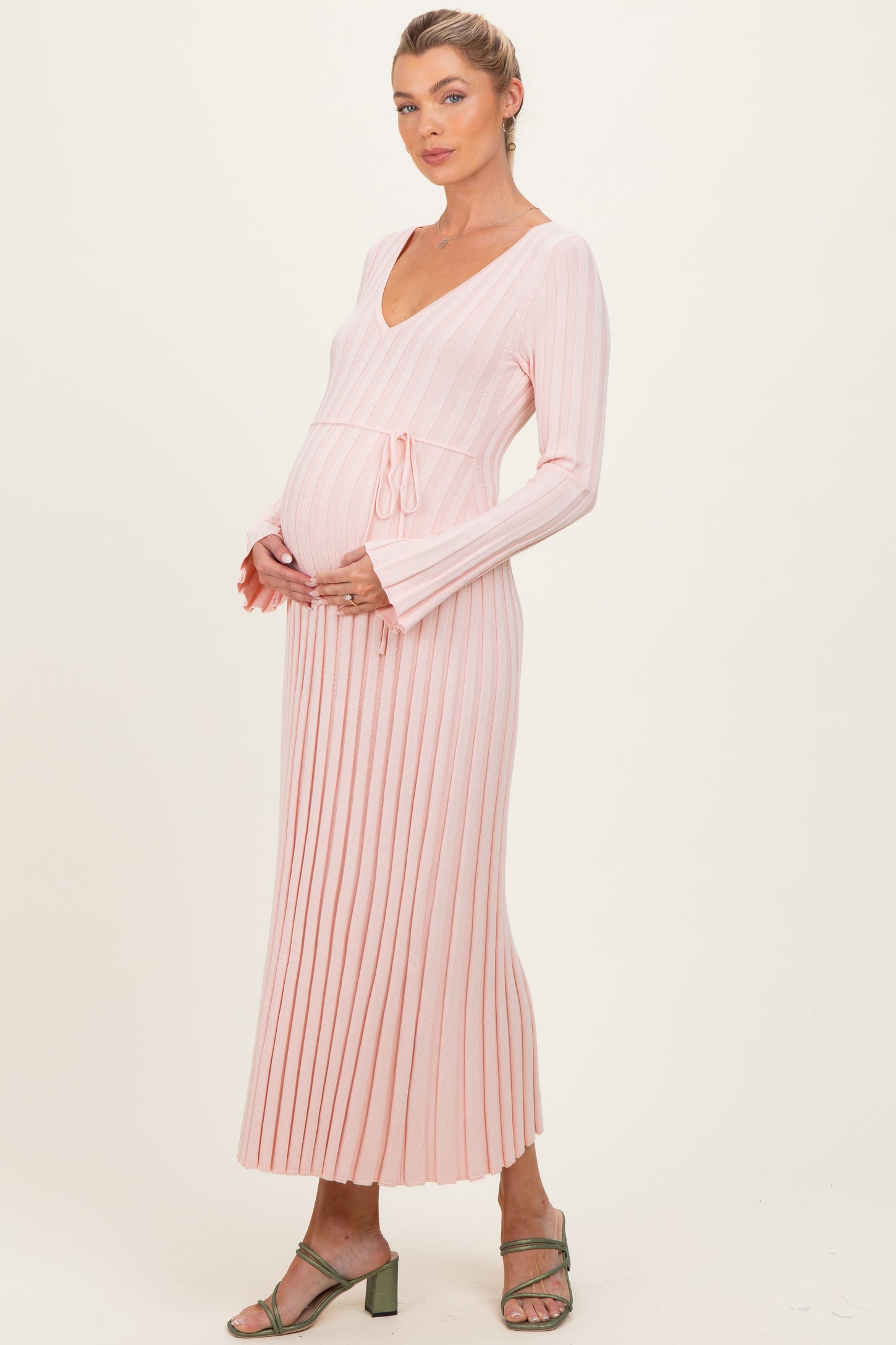 Light Pink Ribbed Maternity Knit Maxi Dress