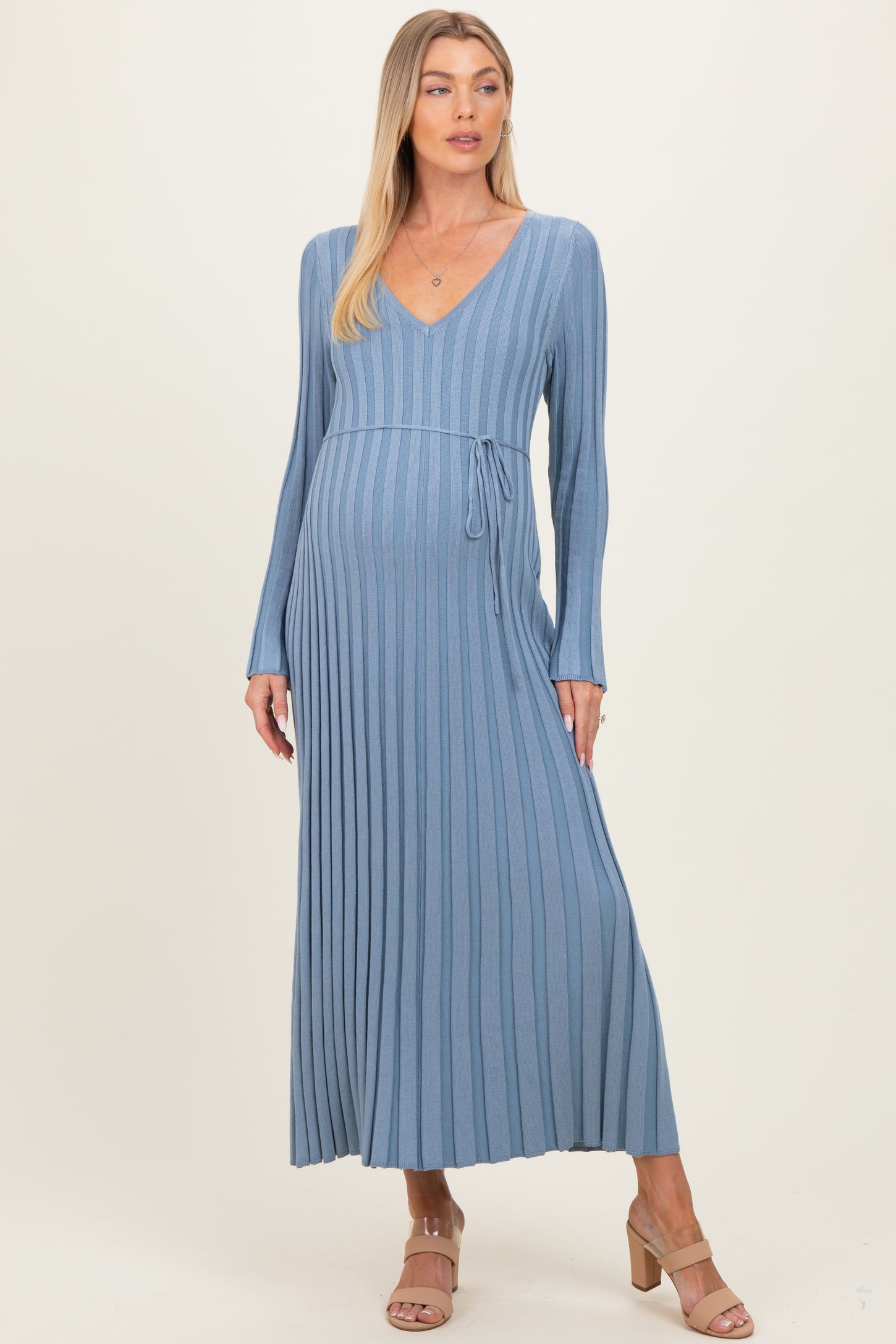 Light Blue Ribbed Maternity Knit Maxi Dress