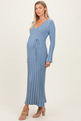 Light Blue Ribbed Maternity Knit Maxi Dress