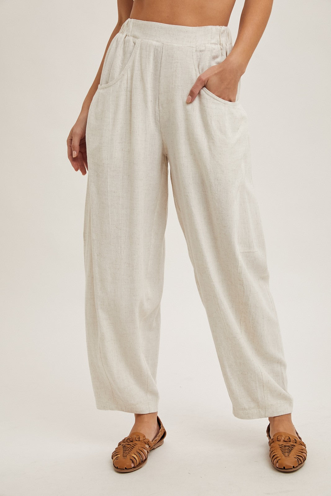 Oatmeal Linen Blend Barrel Leg Pants