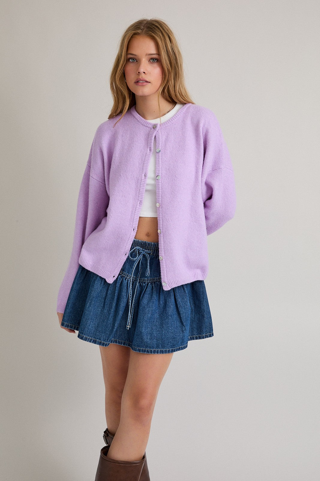 Lavender Classic Crew Neck Button Cardigan