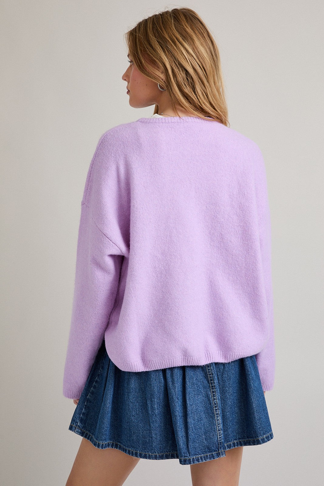 Lavender Classic Crew Neck Button Cardigan