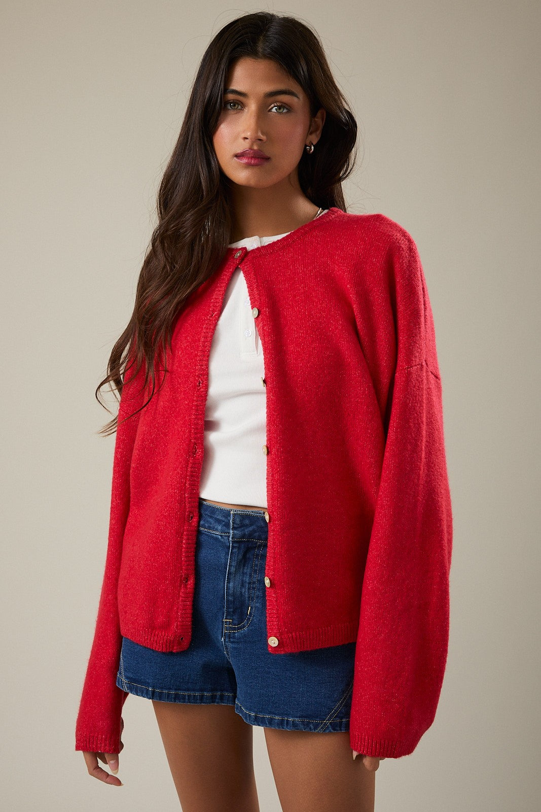 Red Classic Crew Neck Button Cardigan