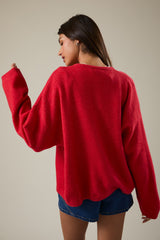 Red Classic Crew Neck Button Cardigan