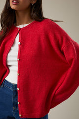 Red Classic Crew Neck Button Cardigan