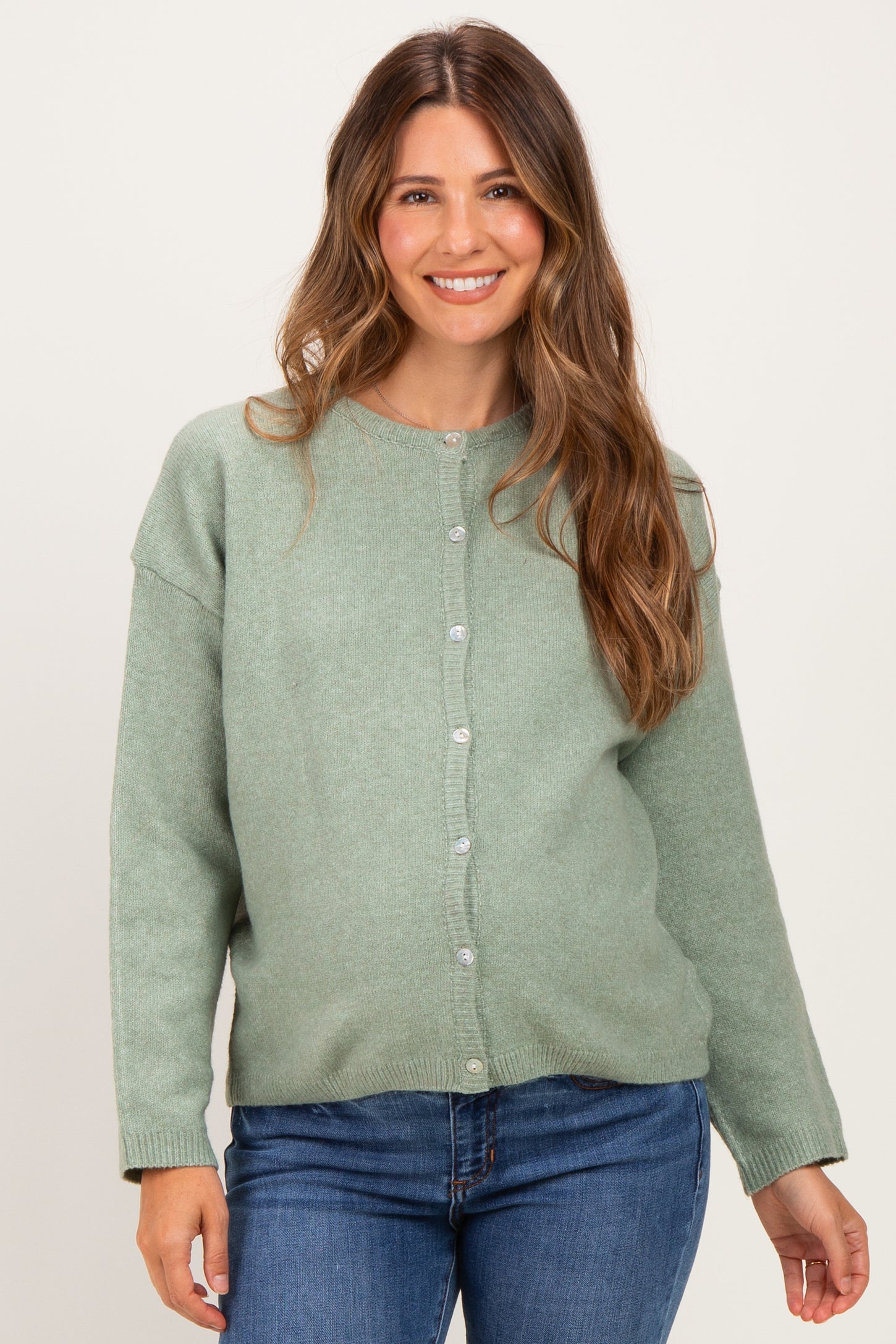 Sage Classic Crew Neck Maternity Button Cardigan