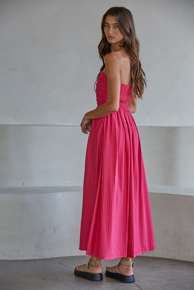 Hot Pink Striped Strapless Maxi Dress