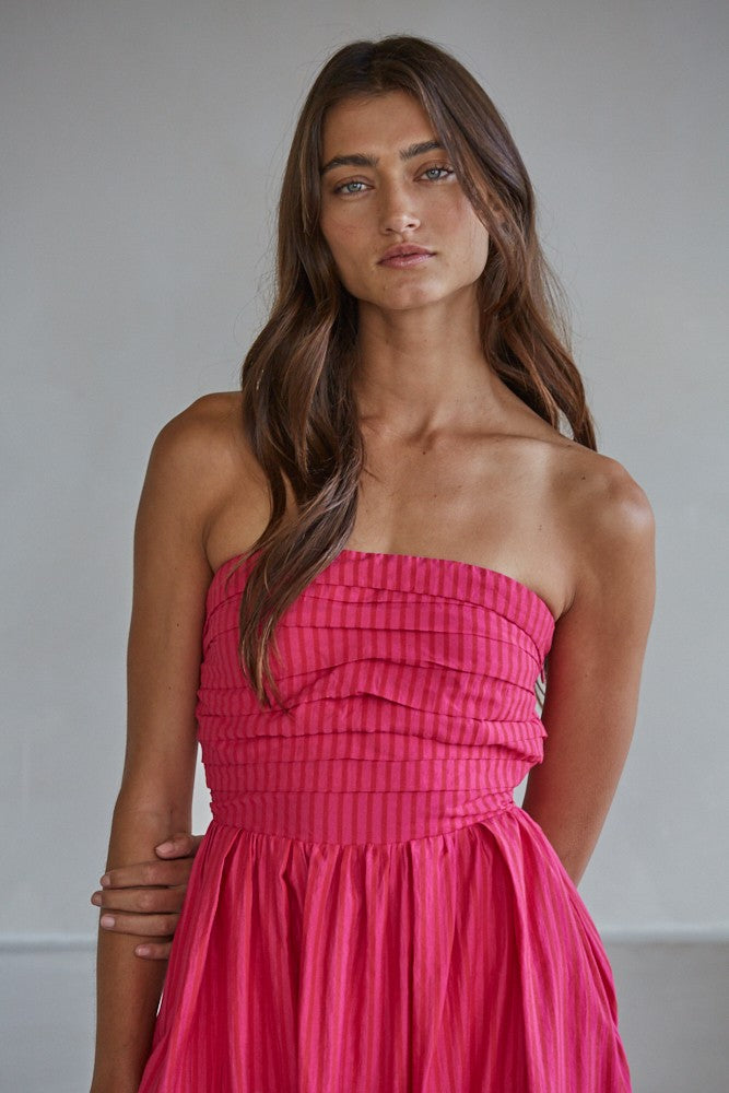 Hot Pink Striped Strapless Maxi Dress
