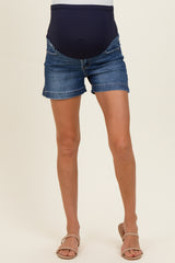 Navy Dark Wash Side Slit Maternity Jean Shorts