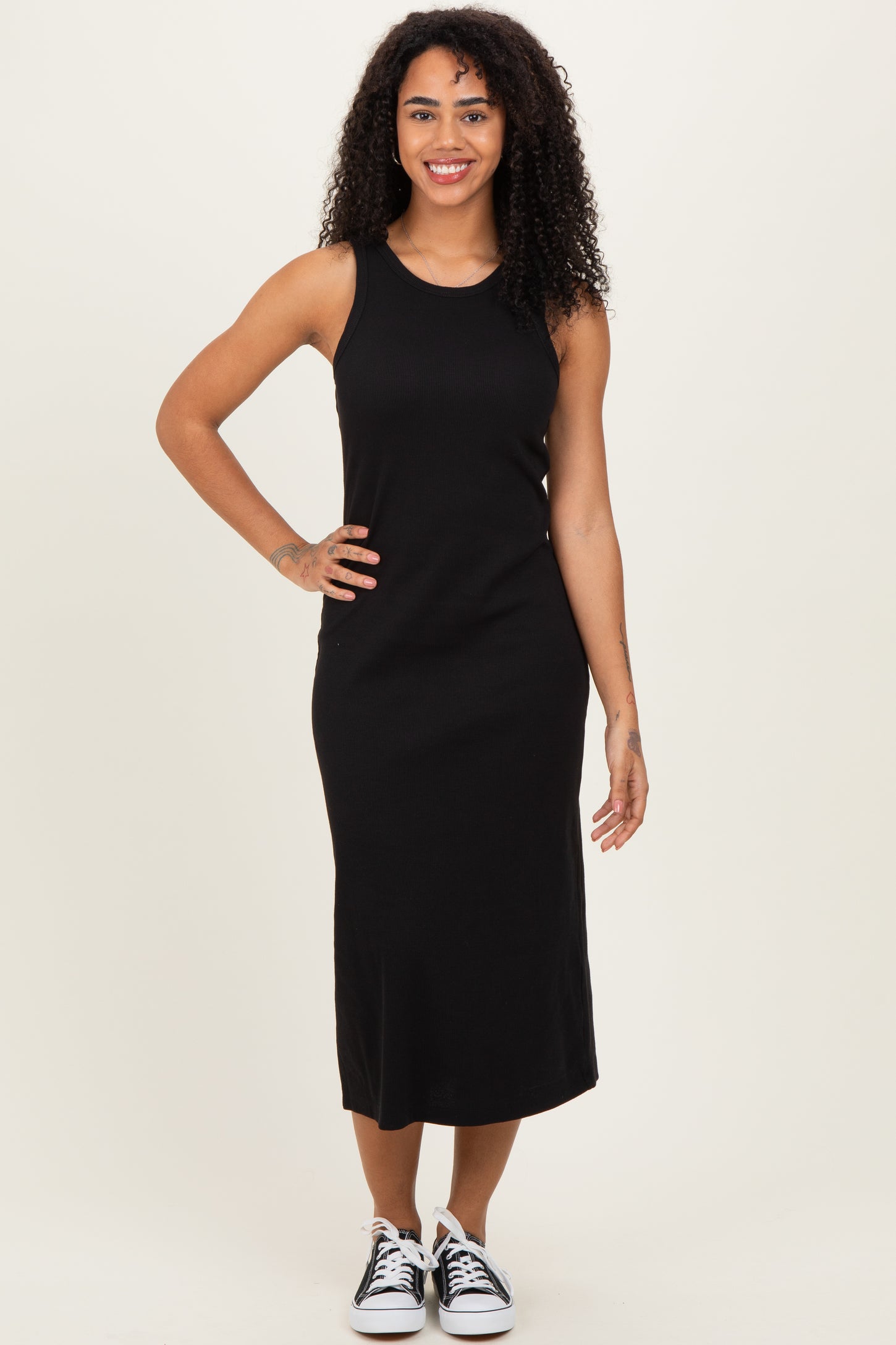 Black Ribbed Tank Midi Dress