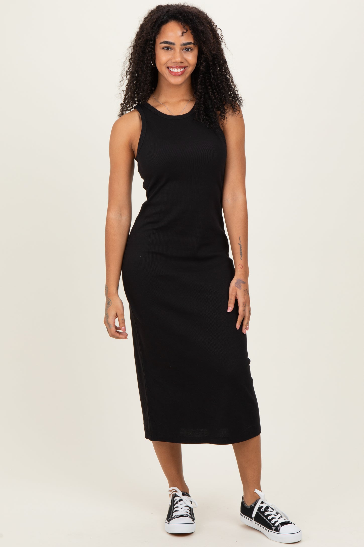 Black Ribbed Maternity Tank Midi Dress