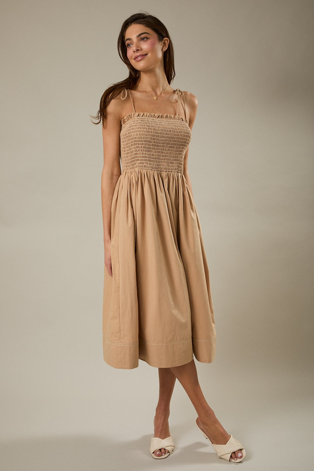 Light Taupe Shoulder Tie Smocked Maternity Midi Dress