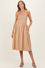 Light Taupe Shoulder Tie Smocked Maternity Midi Dress